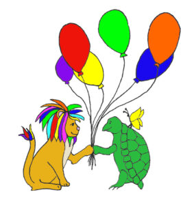 Lion with rainbow mane gives colorful balloons to a turtle with a butterfly on their back