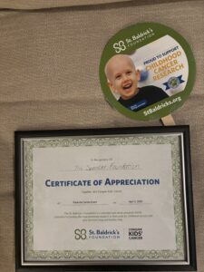 Certificate of Appreciation from St Baldricks to The Spencer Foundation recognizing their donation