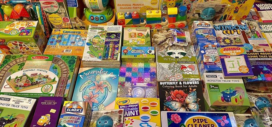A pile of toys and craft supplies for the kids in Stony Brook Children's Hospital